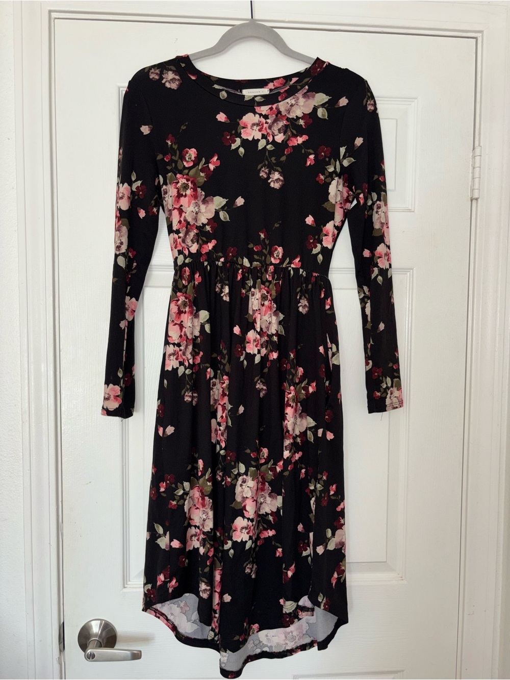 Reborn Black Floral High-Low Midi Dress with Pink Blooms